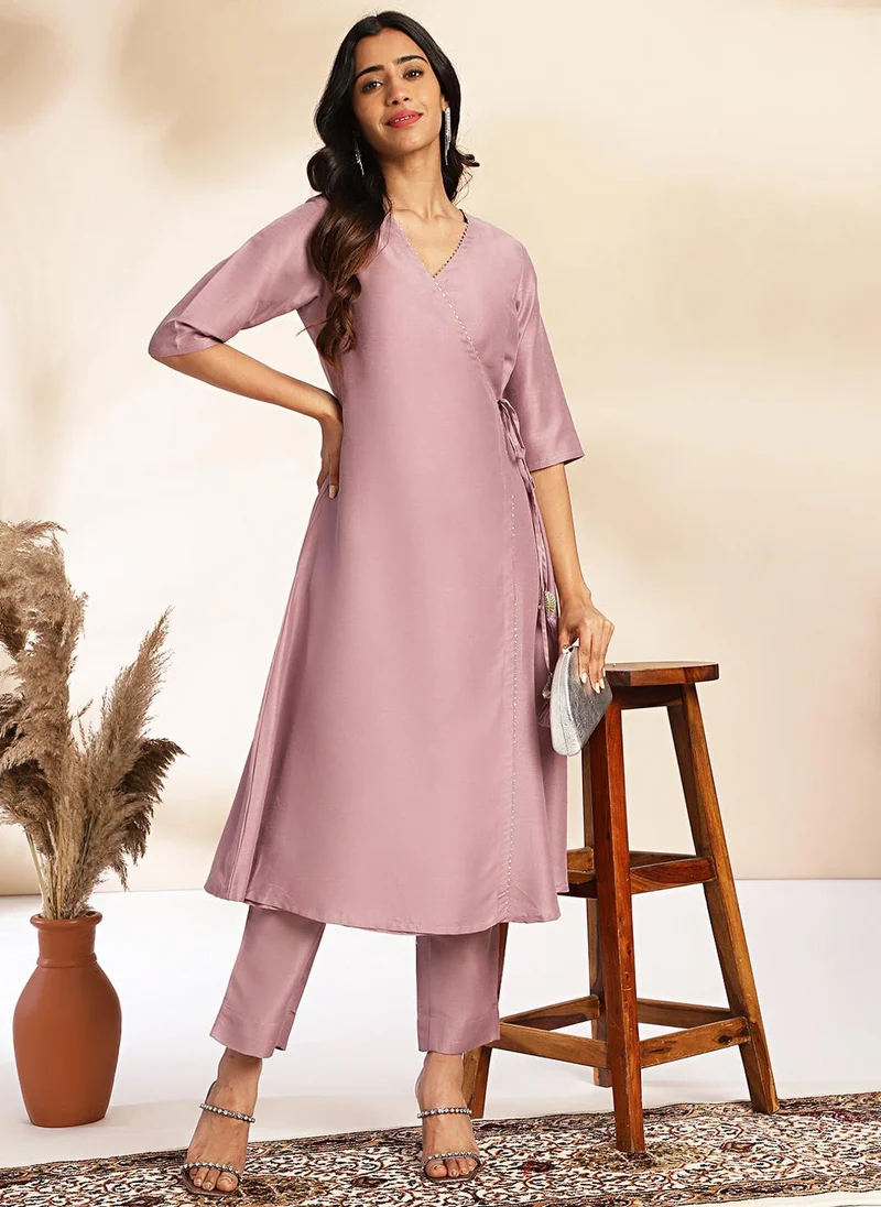 ZERESOUQ Lavender Chinnon Solid Kurta & Pant Set
